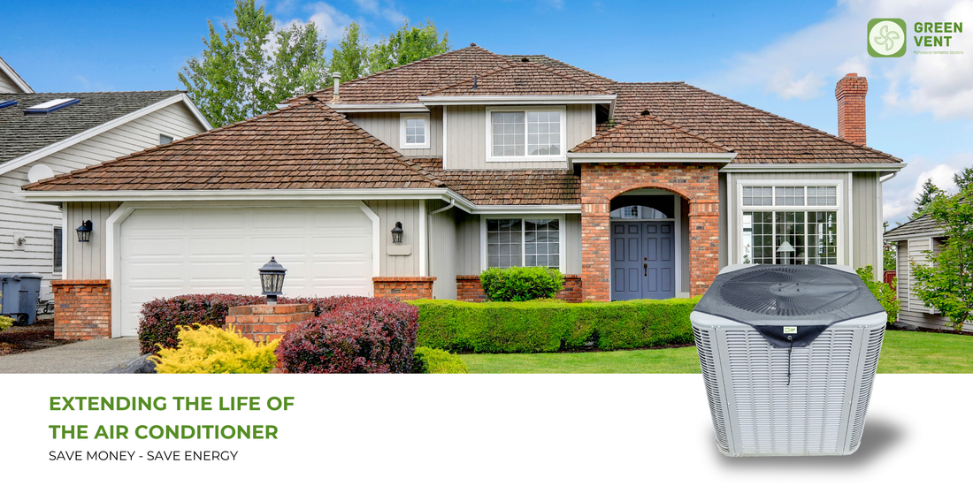 GREEN VENT outdoor AC cover with mesh top and Oxford fabric sides protecting air conditioner.