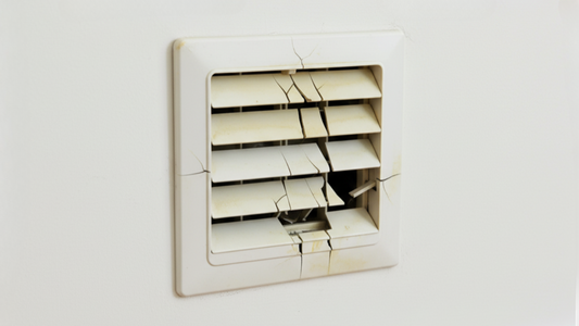A close-up of an old, yellowed plastic vent cover with visible cracks and flimsy, broken louvers, showing its poor durability
