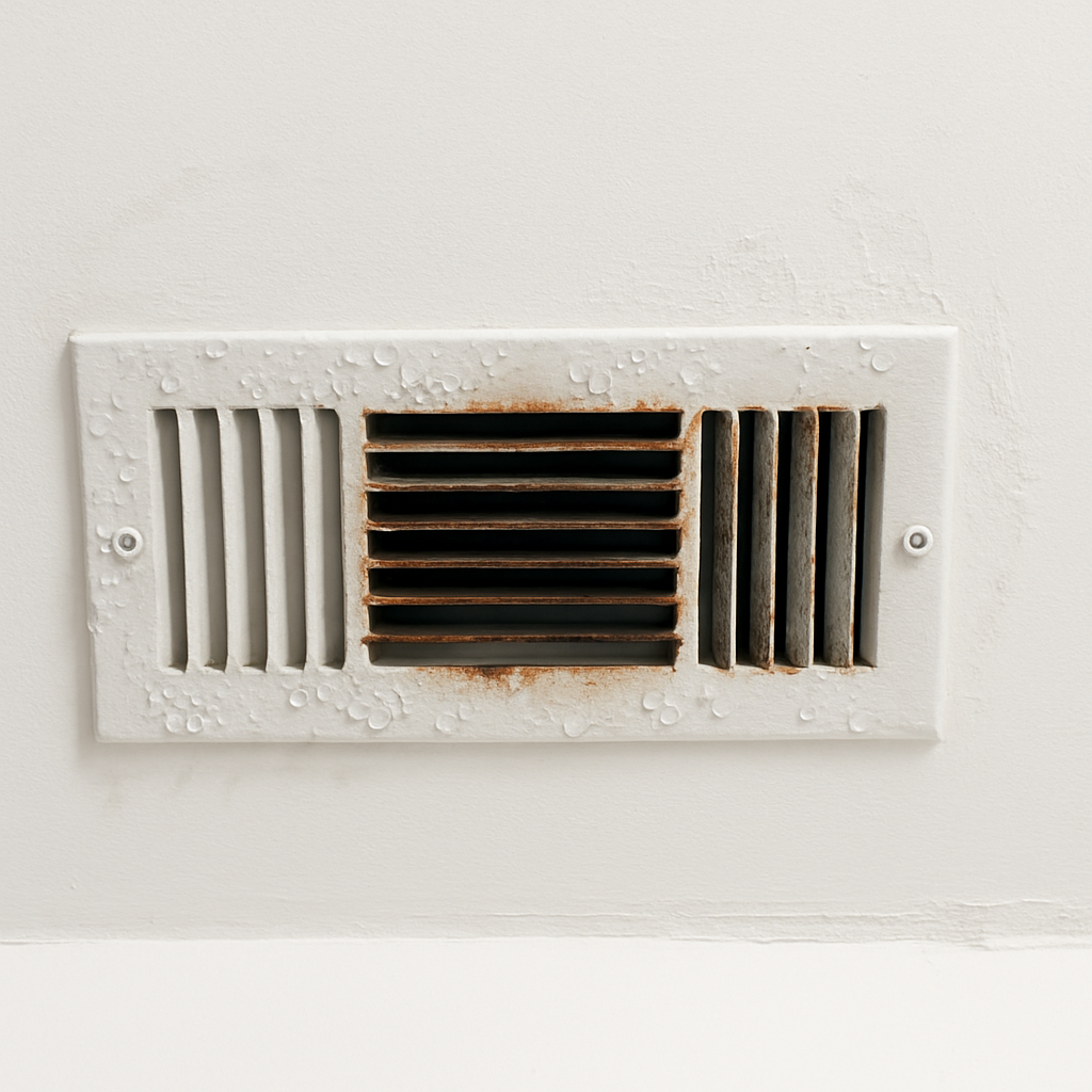 Homeowner applying insulation tape around an air vent plenum connection to prevent sweating and condensation, showing a clean, dry vent.