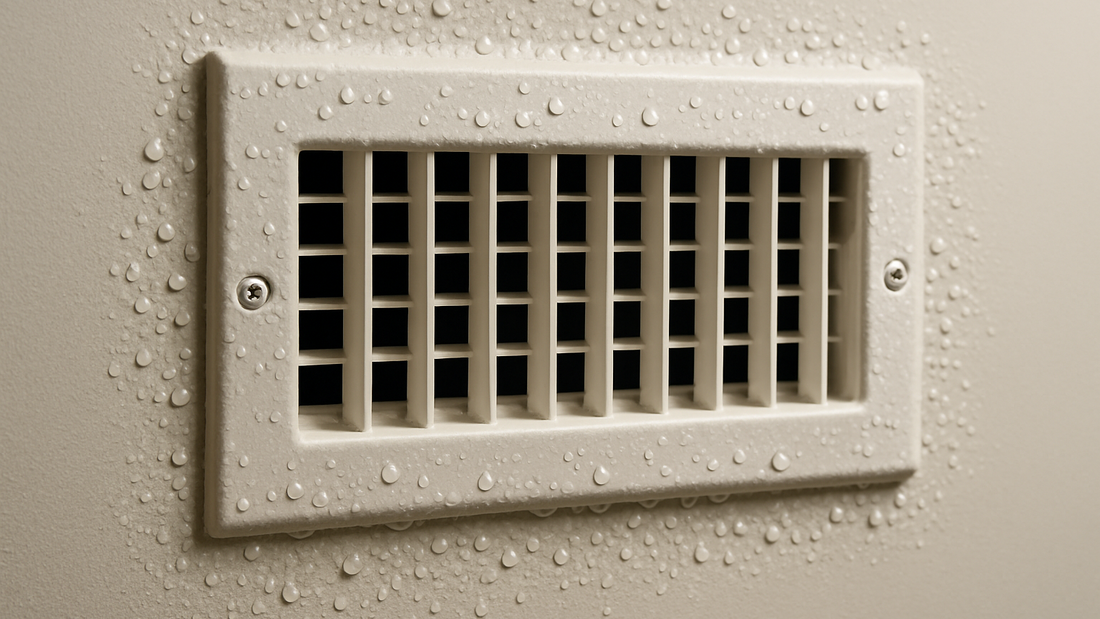 Homeowner applying insulation tape around an air vent plenum connection to prevent sweating and condensation, showing a clean, dry vent.