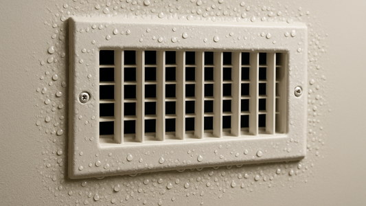 Homeowner applying insulation tape around an air vent plenum connection to prevent sweating and condensation, showing a clean, dry vent.