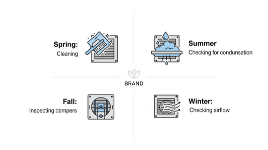 A simple infographic showing a seasonal checklist for vent cover maintenance, with icons for Spring cleaning, Summer check-in, Fall preparation, and Winter monitoring