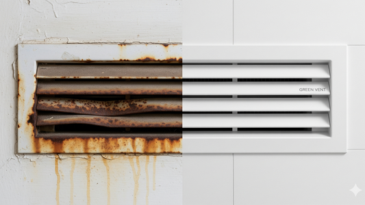 Comparison of corroded old vent and clean GREEN VENT grille.