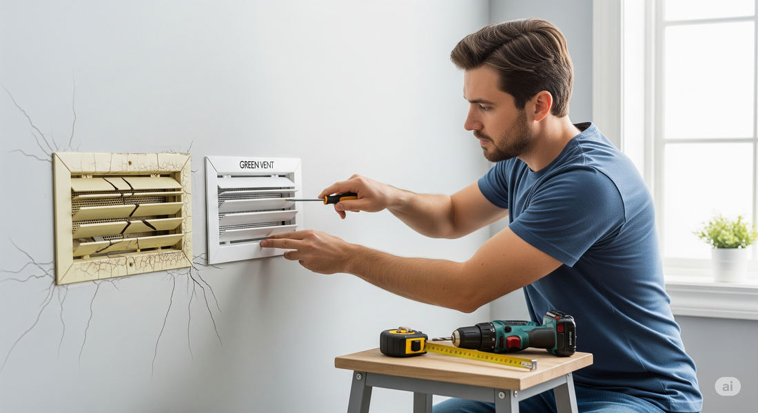 DIY homeowner using a screwdriver to replace an old metal air vent with a new GREEN VENT aluminum grille on a wall.