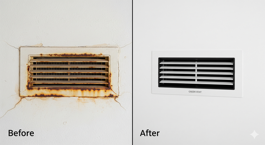 A side-by-side comparison showing an old, rusty air vent next to a new, modern GREEN VENT aluminum grille in a clean home interior