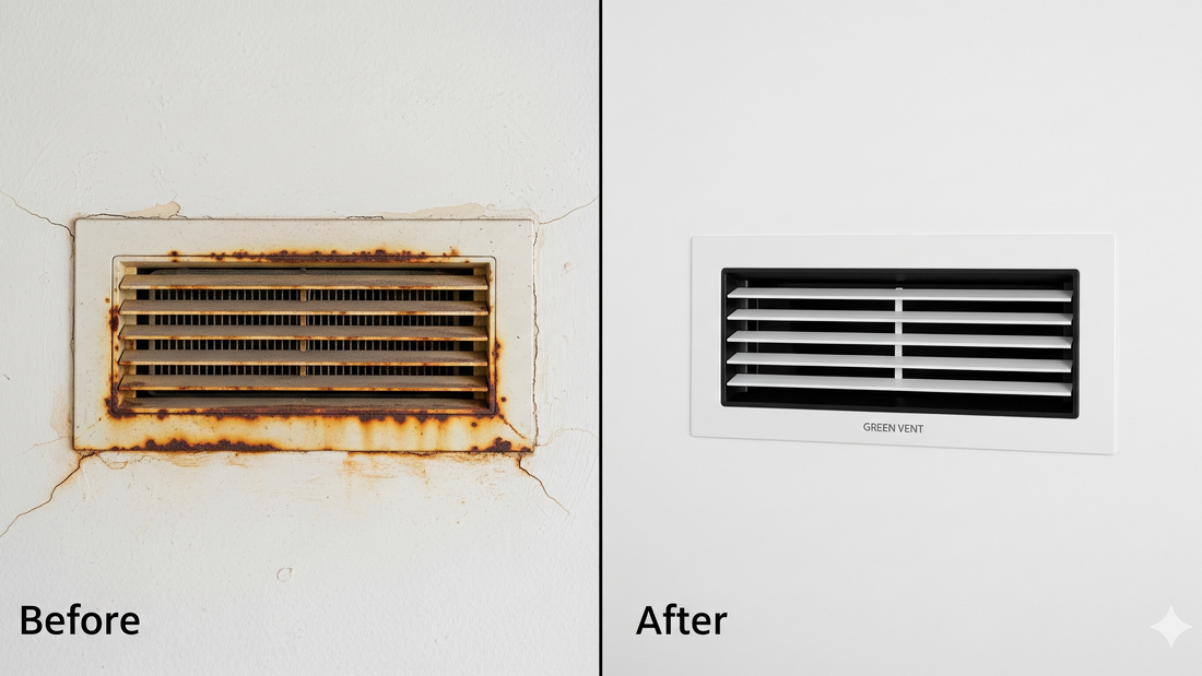 A side-by-side comparison showing an old, rusty air vent next to a new, modern GREEN VENT aluminum grille in a clean home interior