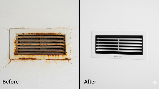 A side-by-side comparison showing an old, rusty air vent next to a new, modern GREEN VENT aluminum grille in a clean home interior
