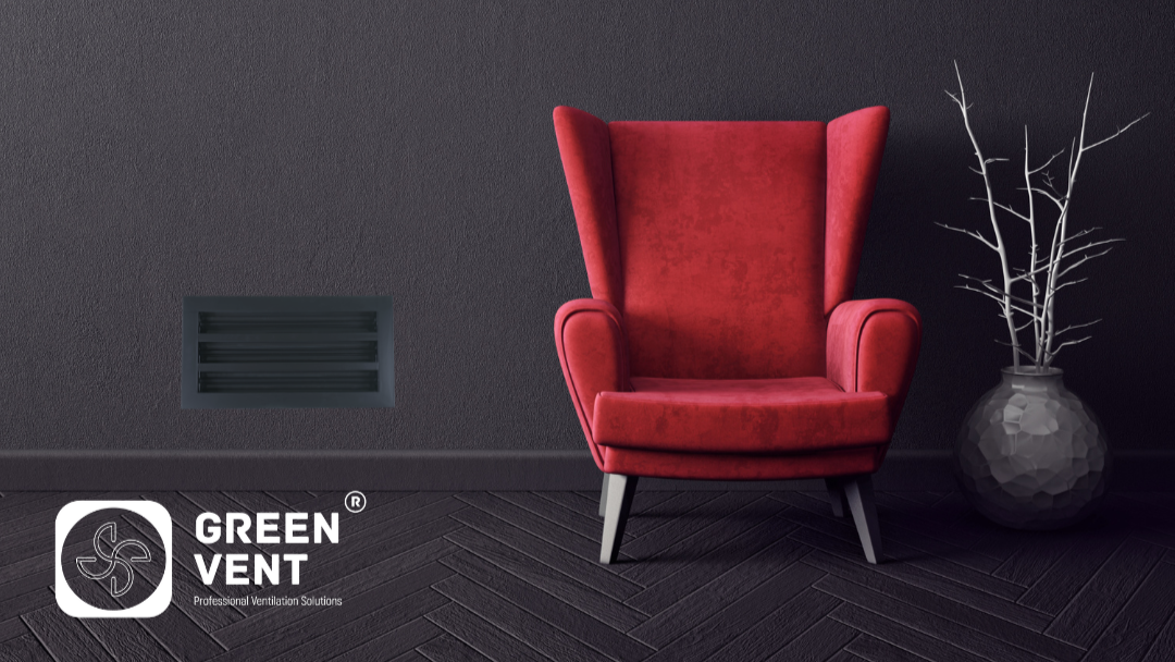Modern interior with red armchair and Green Vent wall register