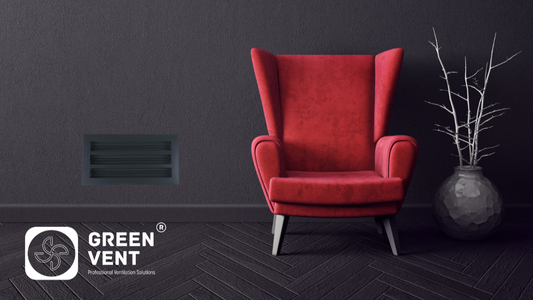 Modern interior with red armchair and Green Vent wall register