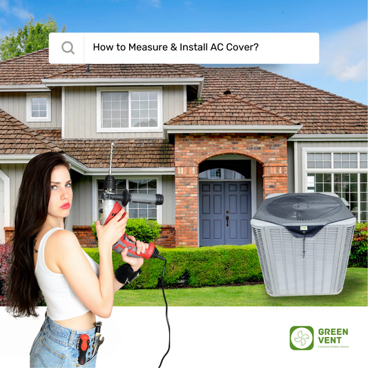 Step-by-step guide showing installation positions and process for GREEN VENT outdoor AC cover.