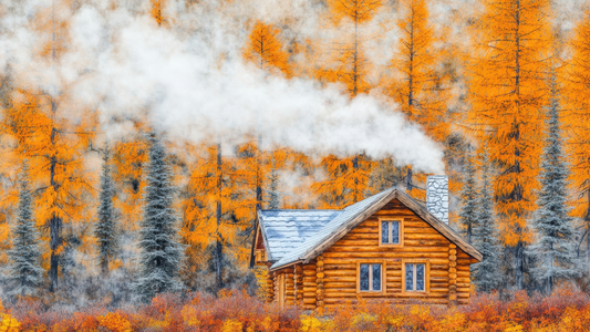 A wooden cabin with smoke coming from its chimney, surrounded by a forest of colorful autumn trees.