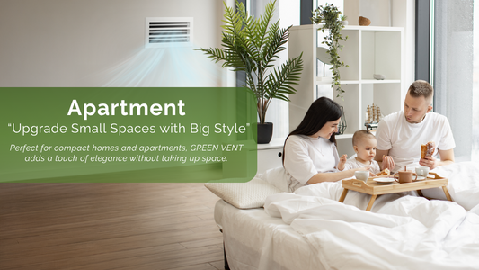 Family enjoying breakfast in a modern apartment bedroom with a GREEN VENT grille providing airflow.