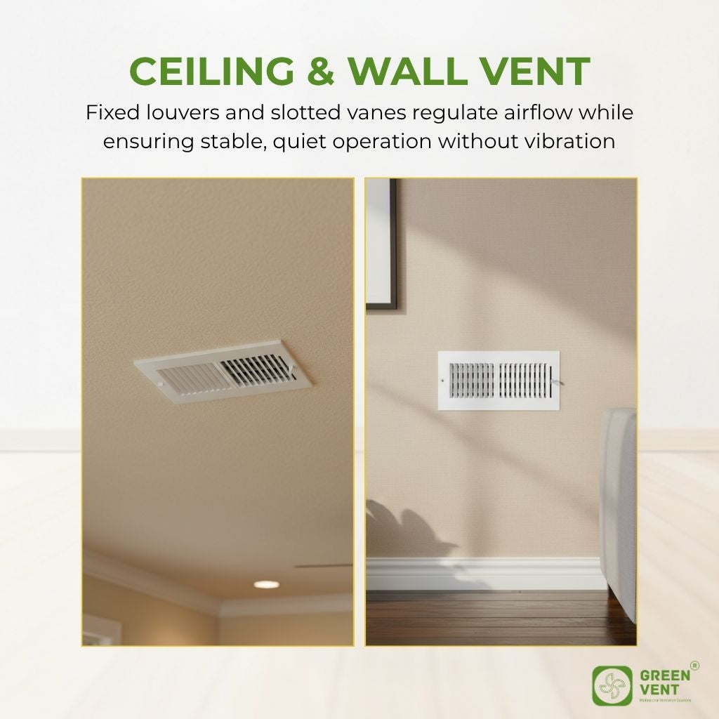 Ceiling and wall vent installation on a beige wall and ceiling with text about airflow regulation.