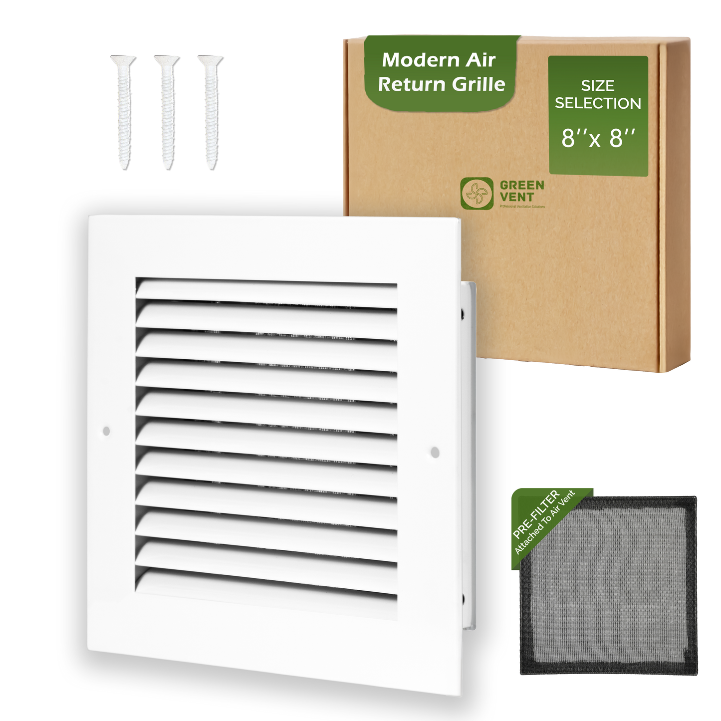 Modern Air Return Grille 8x8 (Duct Opening) - Decorative White Aluminum Air Vent Cover with Washable Mesh Pre-Filter