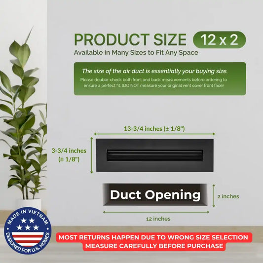 Air duct with dimensions and Aluminum Black Linear Slot Diffuser 12x2 size information on a light gray background
