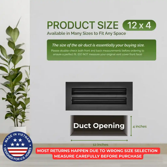 Air duct with dimensions and Aluminum Black Linear Slot Diffuser 12x4 size information on a light gray background