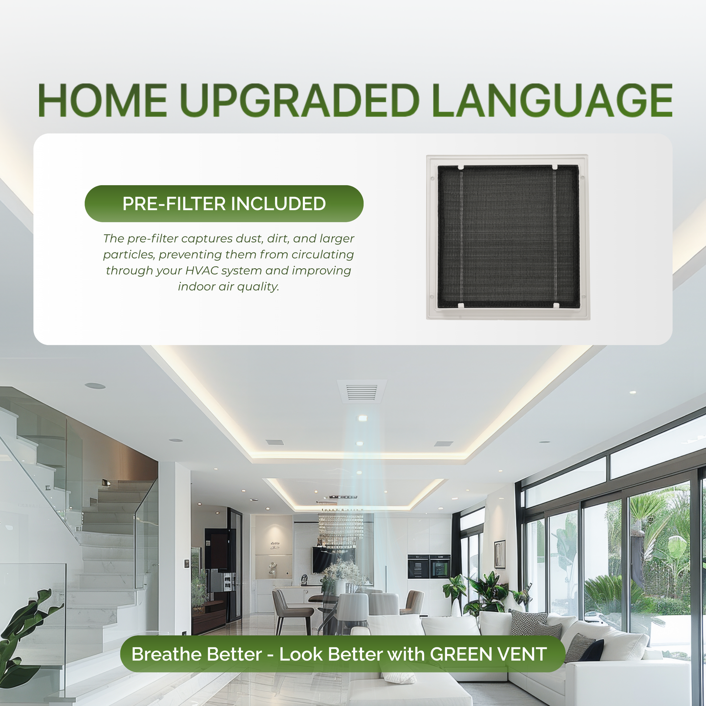 Modern Air Return Grille 8x8 (Duct Opening) - Decorative White Aluminum Air Vent Cover with Washable Mesh Pre-Filter