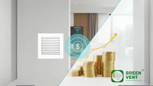 Modern home exterior and interior with focus on sleek GREEN VENT aluminum vents, conveying smart investment and increased property value