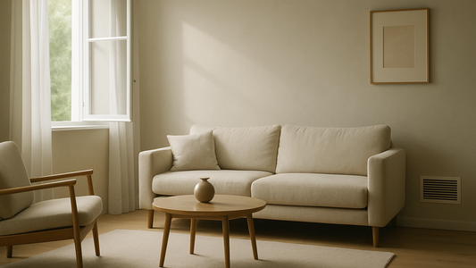 A bright, minimalist living room with natural light streaming through an open window, featuring a beige sofa, wooden coffee table, light-toned armchair, and a sleek white vent cover integrated into the lower wall, creating an airy and tranquil atmosphere.