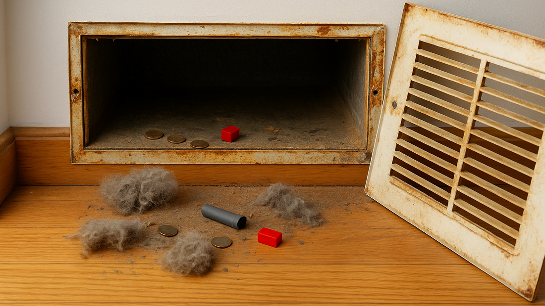 ChatGPT said:  An open wall vent revealing dust, coins, and small debris inside next to a newly installed sleek white aluminum vent cover on a clean wall in a bright modern home interior.