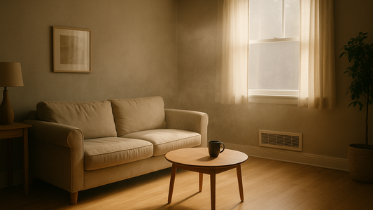 A modern living room with warm sunlight filtering through sheer curtains, showing a beige sofa, wooden coffee table, and an old vent cover on the wall with visible dust in the air, creating a slightly stuffy atmosphere.
