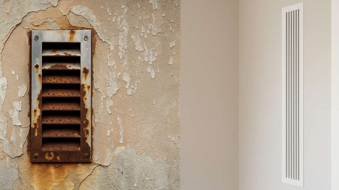 Side-by-side comparison of a rusty old vent on a damaged wall and a modern sleek vent on a clean interior wall
