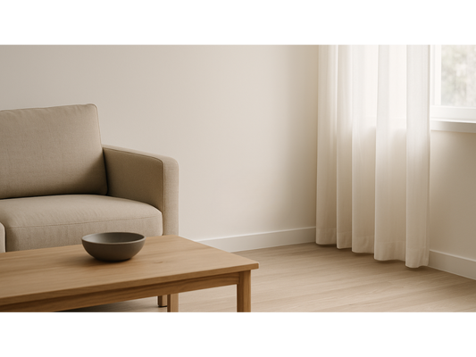 A bright modern living room corner with a beige sofa, wooden coffee table, and a sleek white aluminum vent cover on the wall beneath a sunlit window with sheer curtains, creating a clean and tranquil atmosphere.