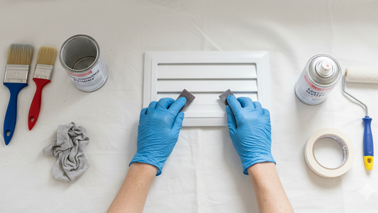 Overhead view of a person wearing blue gloves sanding a white plastic vent cover, surrounded by painting tools like brushes, spray paint, and a roller on a drop cloth