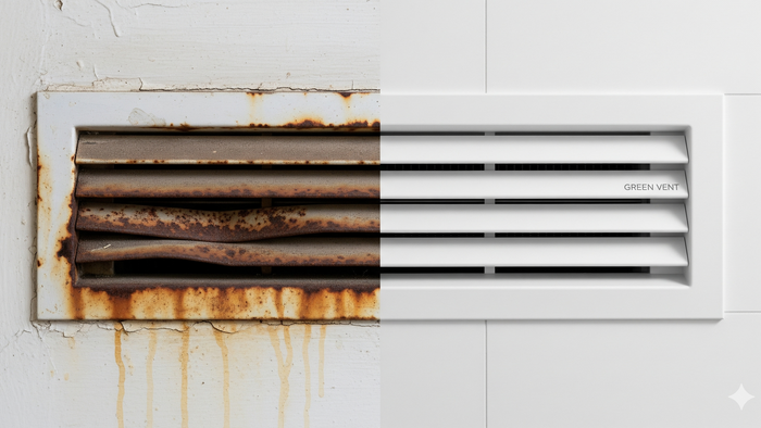 Comparison of corroded old vent and clean GREEN VENT grille.