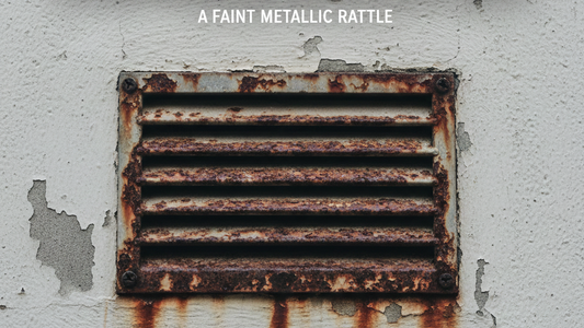 A heavily rusted metal vent cover mounted on a cracked, weathered wall, showing corroded louvers and peeling paint that emphasize age and deterioration.