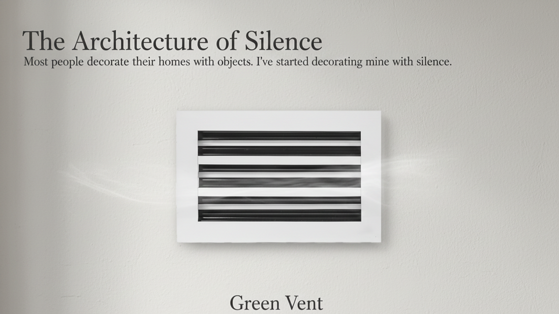 A minimalist wall-mounted aluminum vent cover with horizontal black slats, surrounded by soft, flowing air trails that evoke a sense of silence and engineered calm.