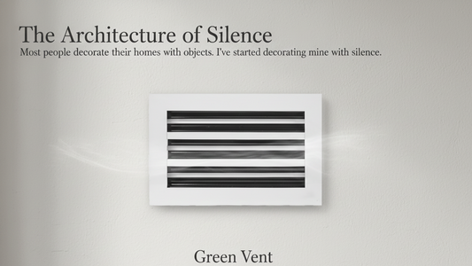 A minimalist wall-mounted aluminum vent cover with horizontal black slats, surrounded by soft, flowing air trails that evoke a sense of silence and engineered calm.