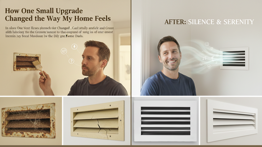 Before-and-after comparison showing an old rusty vent replaced with a modern Green Vent cover, with a homeowner looking happier in the upgraded, quieter room.