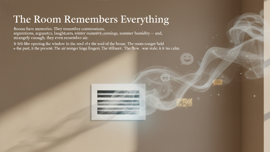 A warm-toned room wall illuminated by soft afternoon light, featuring a modern white vent cover releasing a gentle, flowing stream of translucent air.