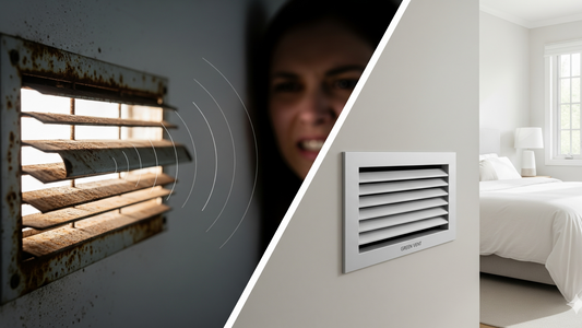 Comparison of old rusty vent and modern clean vent in bedroom