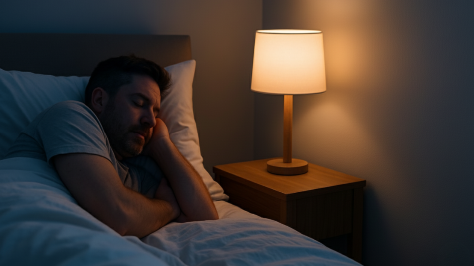 A calm bedroom at night with a man sleeping peacefully beside a wooden nightstand and a softly glowing lamp, with a sleek white vent cover on the wall symbolizing silence and restful comfort.