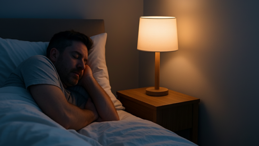 A calm bedroom at night with a man sleeping peacefully beside a wooden nightstand and a softly glowing lamp, with a sleek white vent cover on the wall symbolizing silence and restful comfort.