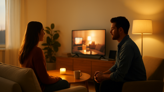 A warm, modern living room with soft evening light where a man and woman sit together on a beige sofa near a wooden coffee table, creating a cozy, connected atmosphere with a sleek white aluminum vent cover visible on the wall.