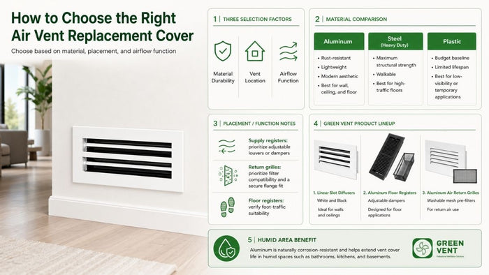 New white aluminum linear slot wall vent replacing an old air vent cover in a minimalist room