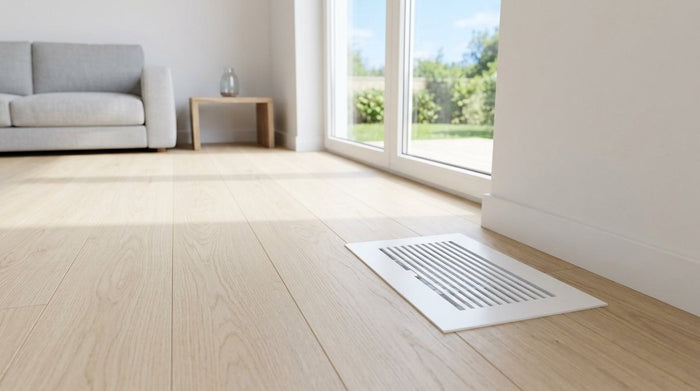 Best floor vent covers for air flow: white aluminum floor register in an open living room