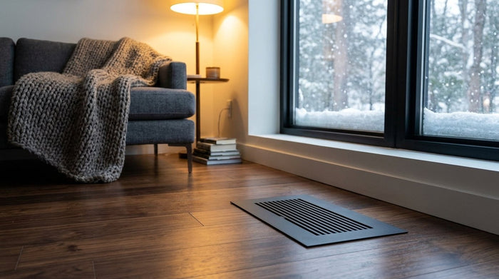Matte black aluminum floor register flush in a walnut floor of a warm living room on a snowy winter day
