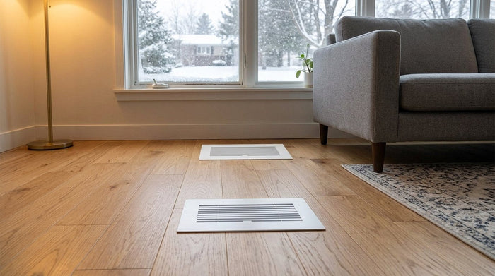 White aluminum floor supply registers under a living room window in winter