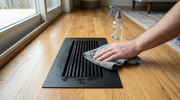 How to clean floor vent covers: wiping an aluminum floor register with a damp microfiber cloth