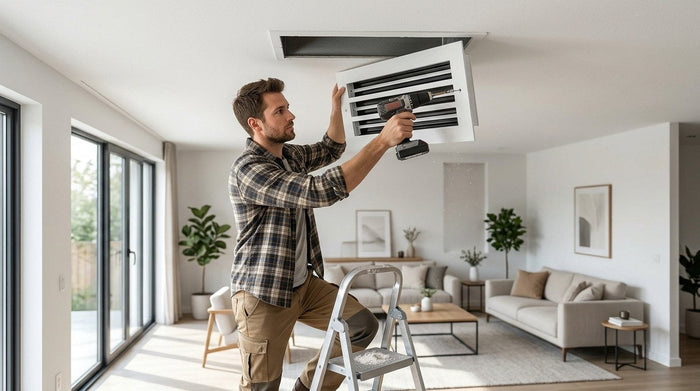 Homeowner installing a white linear slot diffuser over a ceiling duct opening