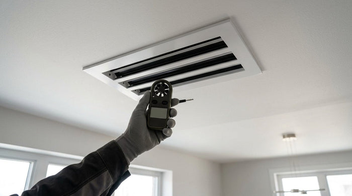 Measuring airflow at a ceiling linear slot diffuser with a vane anemometer