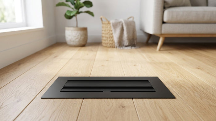 Modern matte black aluminum floor register in a light oak hardwood floor