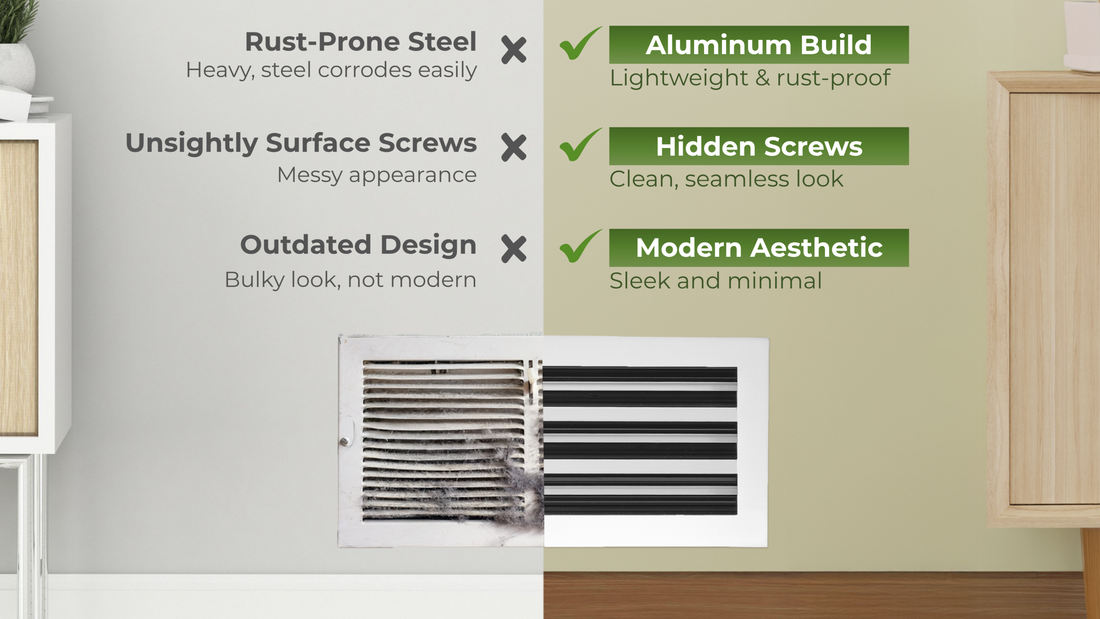 Comparison of old rusty vent with screws versus modern aluminum vent with hidden screws and sleek design