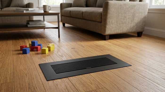 How to secure floor vent covers: matte black floor register seated securely in a family living room