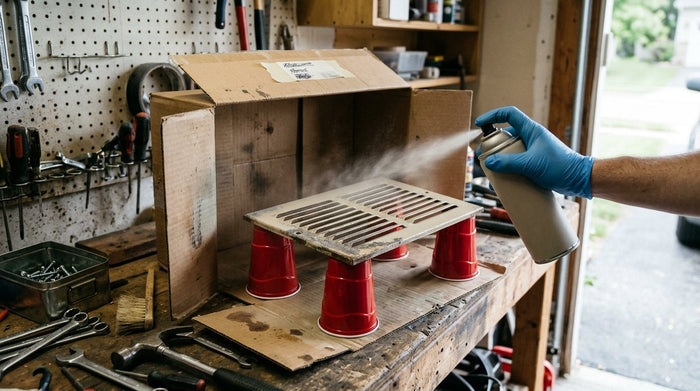 Spray painting a vent cover raised on cups inside a cardboard box
