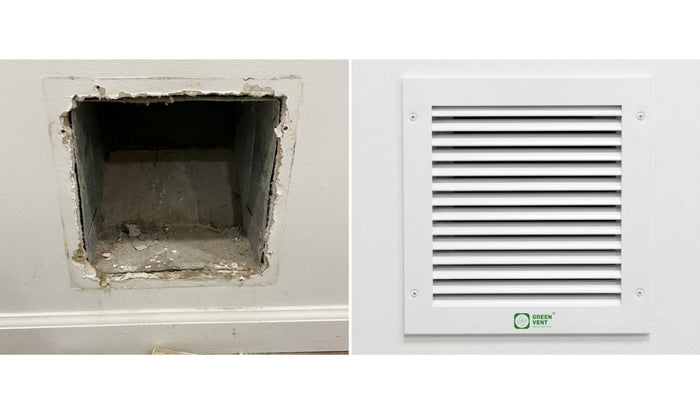 Vent cover falling out of wall fixed: damaged duct opening vs new white metal vent cover